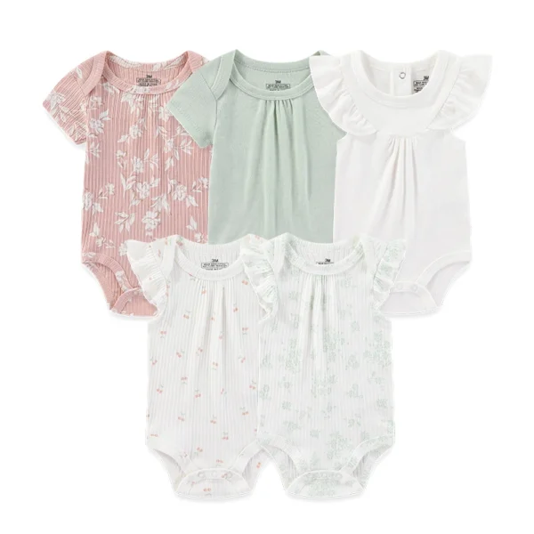 5Pieces Unisex New Born Bodysuits Print Summer Cotton Baby Girl Clothes Sleeveless Cartoon Baby Boy Clothes Set Solid Color