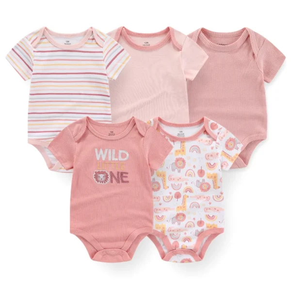 5Pieces Unisex New Born Bodysuits Print Summer Cotton Baby Girl Clothes Sleeveless Cartoon Baby Boy Clothes Set Solid Color