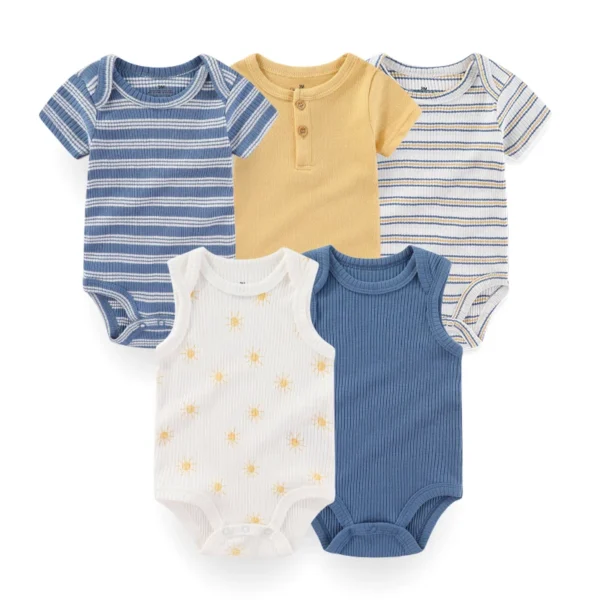5Pieces Unisex New Born Bodysuits Print Summer Cotton Baby Girl Clothes Sleeveless Cartoon Baby Boy Clothes Set Solid Color