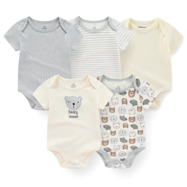 5Pieces Unisex New Born Bodysuits Print Summer Cotton Baby Girl Clothes Sleeveless Cartoon Baby Boy Clothes Set Solid Color