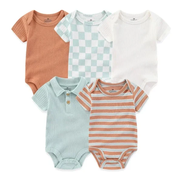 5Pieces Unisex New Born Bodysuits Print Summer Cotton Baby Girl Clothes Sleeveless Cartoon Baby Boy Clothes Set Solid Color