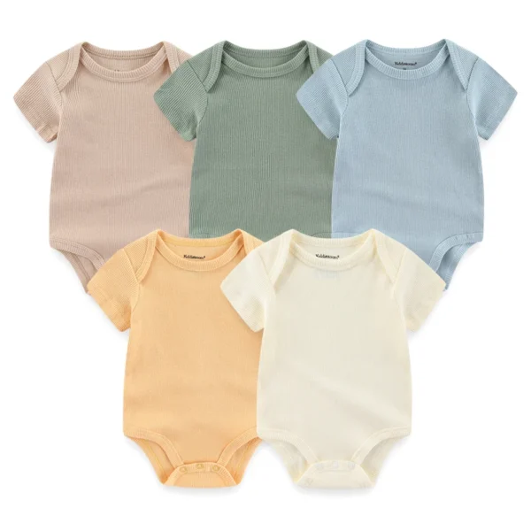 5Pieces Unisex New Born Bodysuits Print Summer Cotton Baby Girl Clothes Sleeveless Cartoon Baby Boy Clothes Set Solid Color