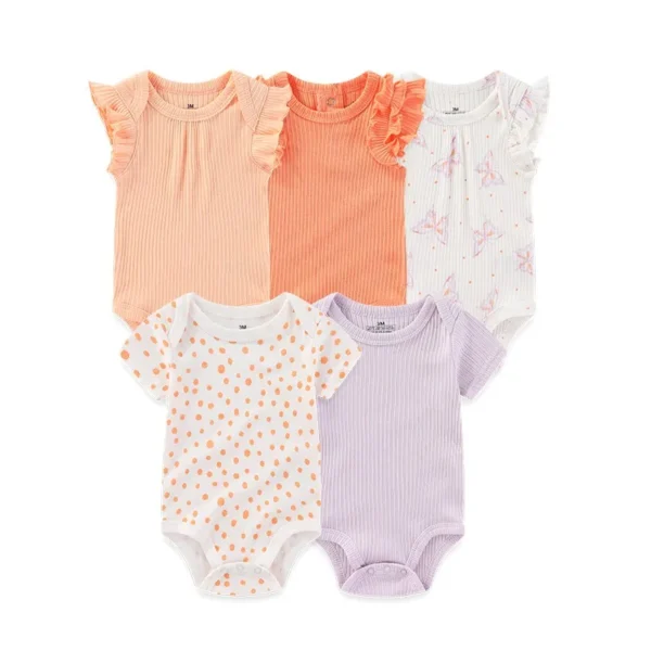 5Pieces Unisex New Born Bodysuits Print Summer Cotton Baby Girl Clothes Sleeveless Cartoon Baby Boy Clothes Set Solid Color