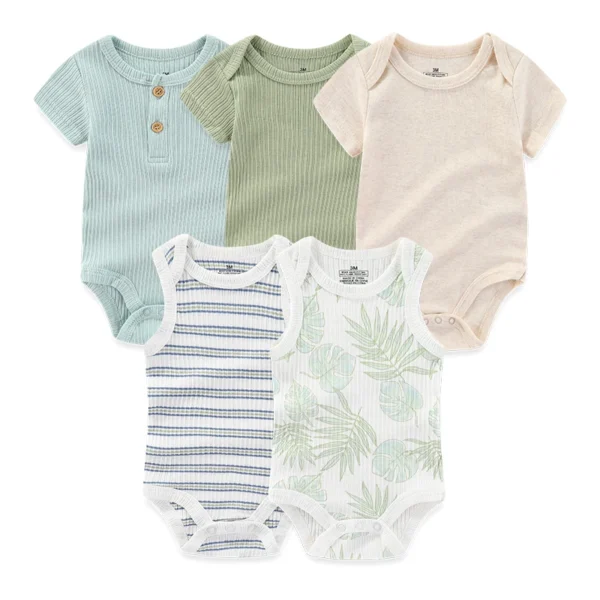 5Pieces Unisex New Born Bodysuits Print Summer Cotton Baby Girl Clothes Sleeveless Cartoon Baby Boy Clothes Set Solid Color