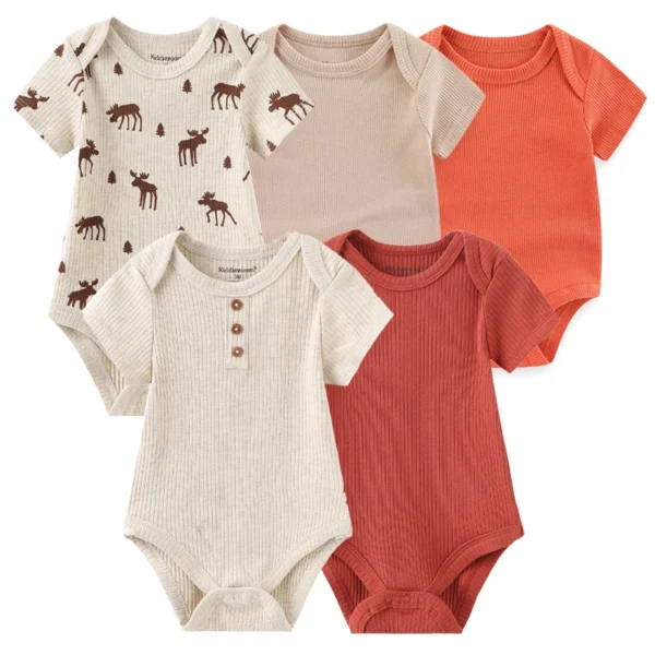 5Pieces Unisex New Born Bodysuits Print Summer Cotton Baby Girl Clothes Sleeveless Cartoon Baby Boy Clothes Set Solid Color