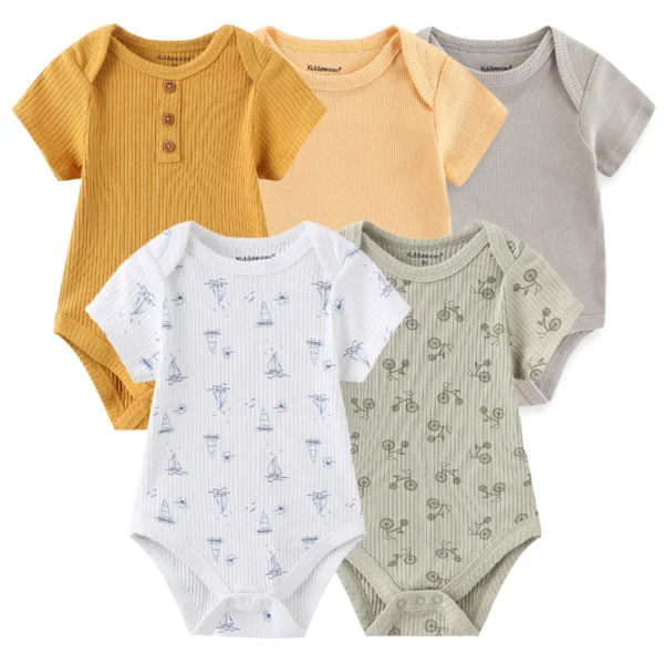 5Pieces Unisex New Born Bodysuits Print Summer Cotton Baby Girl Clothes Sleeveless Cartoon Baby Boy Clothes Set Solid Color