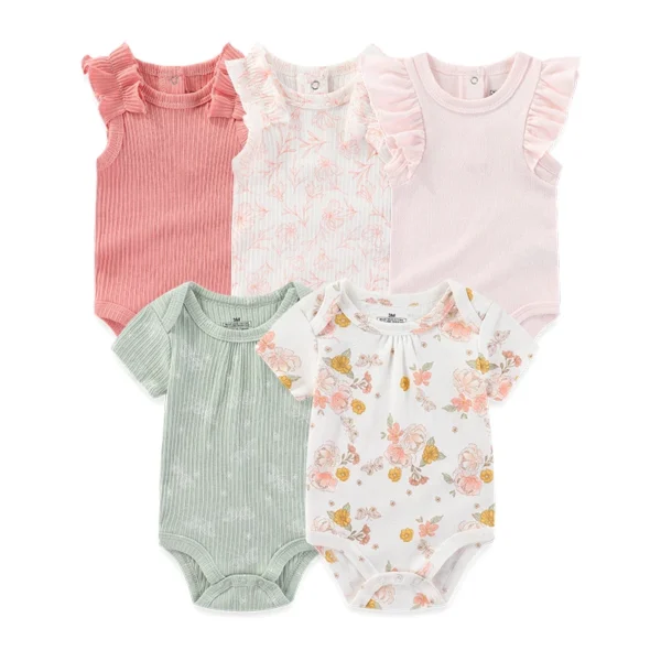 5Pieces Unisex New Born Bodysuits Print Summer Cotton Baby Girl Clothes Sleeveless Cartoon Baby Boy Clothes Set Solid Color