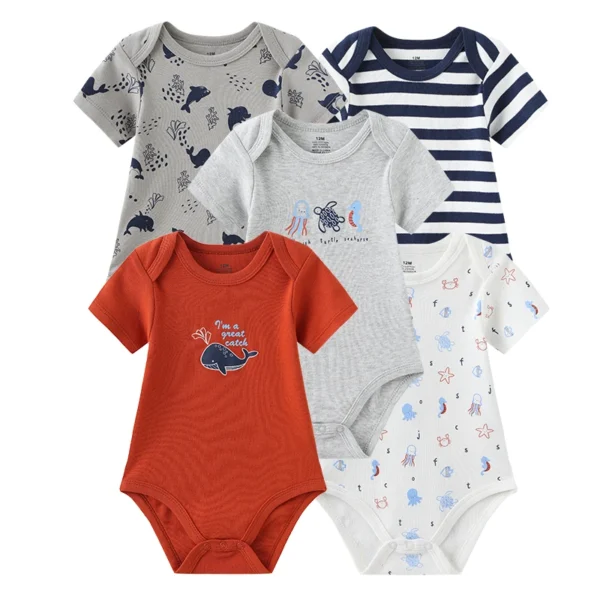 5Pieces Unisex New Born Bodysuits Print Summer Cotton Baby Girl Clothes Sleeveless Cartoon Baby Boy Clothes Set Solid Color