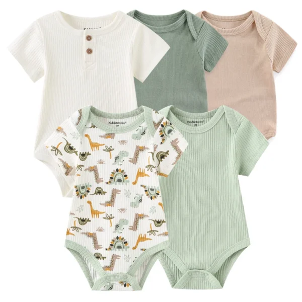 5Pieces Unisex New Born Bodysuits Print Summer Cotton Baby Girl Clothes Sleeveless Cartoon Baby Boy Clothes Set Solid Color